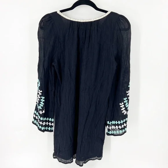 ✅ UMGEE BLACK WHITE TEAL BOHO EMBROIDERED SCOOP NECK TUNIC DRESS SIZE MEDIUM - Picture 2 of 4